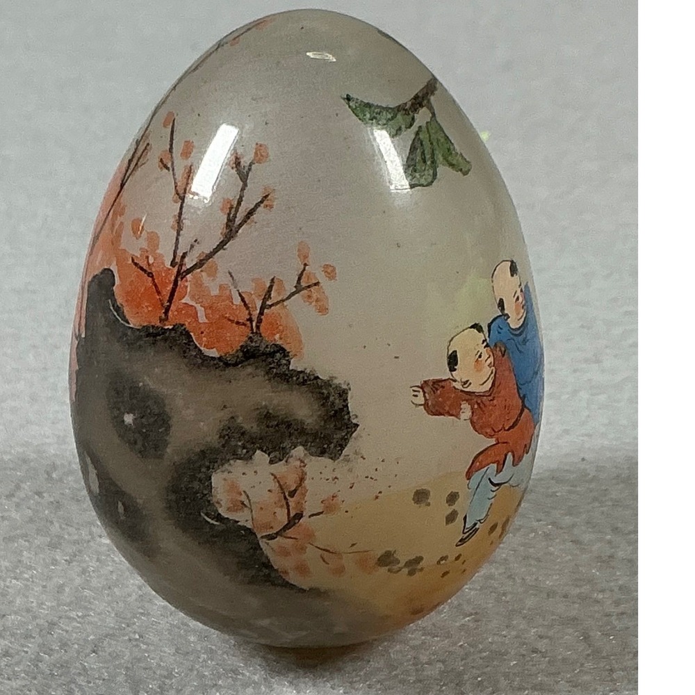 Hand Painted Chinese Art Glass Egg‎ Children Playing Garden Scene Decorative Art